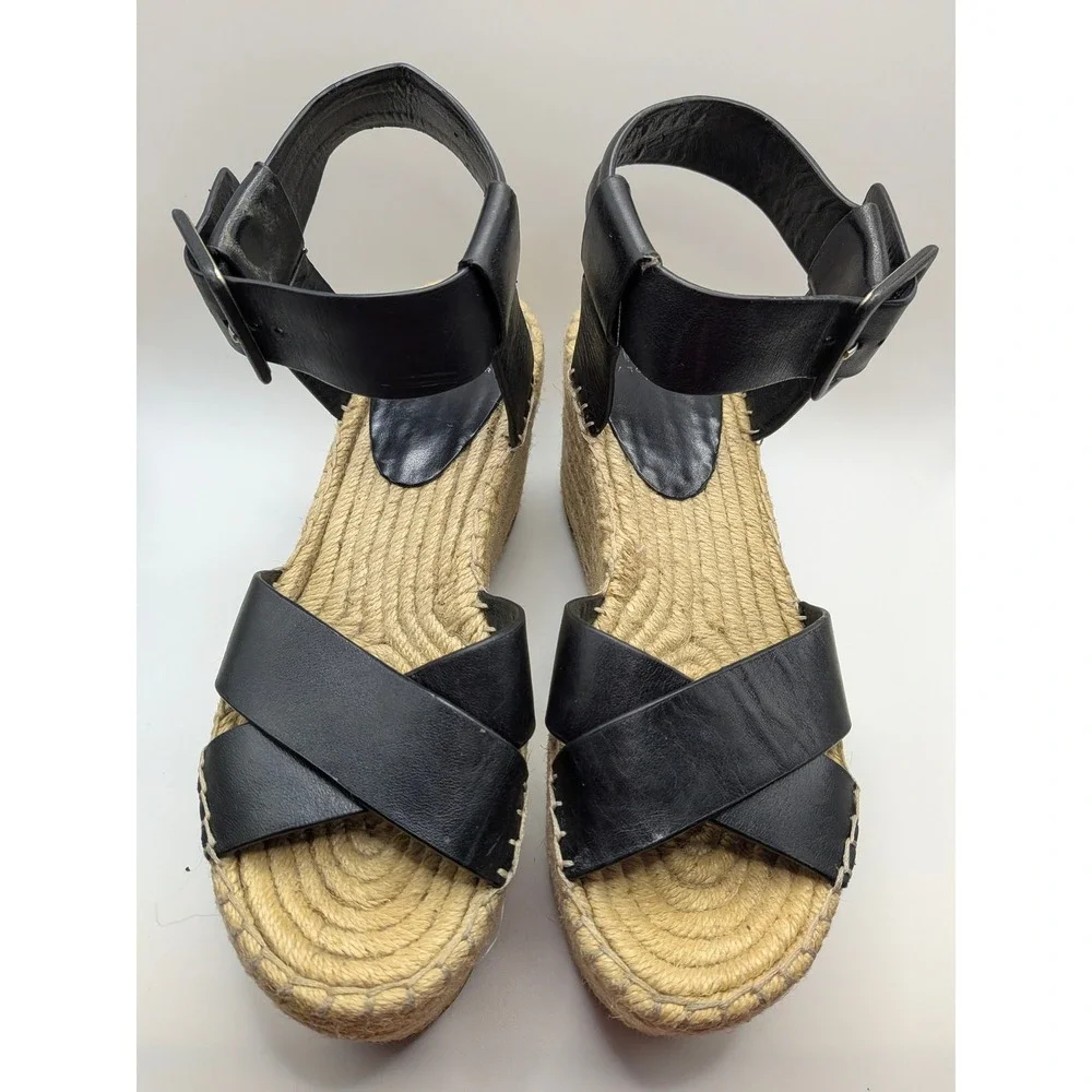 Marc Fisher LTD Adalyn Black Leather Espadrille Wedge Sandals Womens 7M